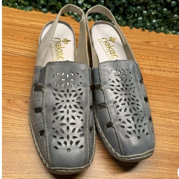 Rieker Blue Gray Leather Maryjane Cutout Shoes Loafers with Strap Backs Comfy - Picture 1 of 6